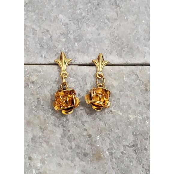 Vintage 14k Yellow Gold Dangly Rose Earrings Missing Backs 1 Gram - Picture 2 of 5
